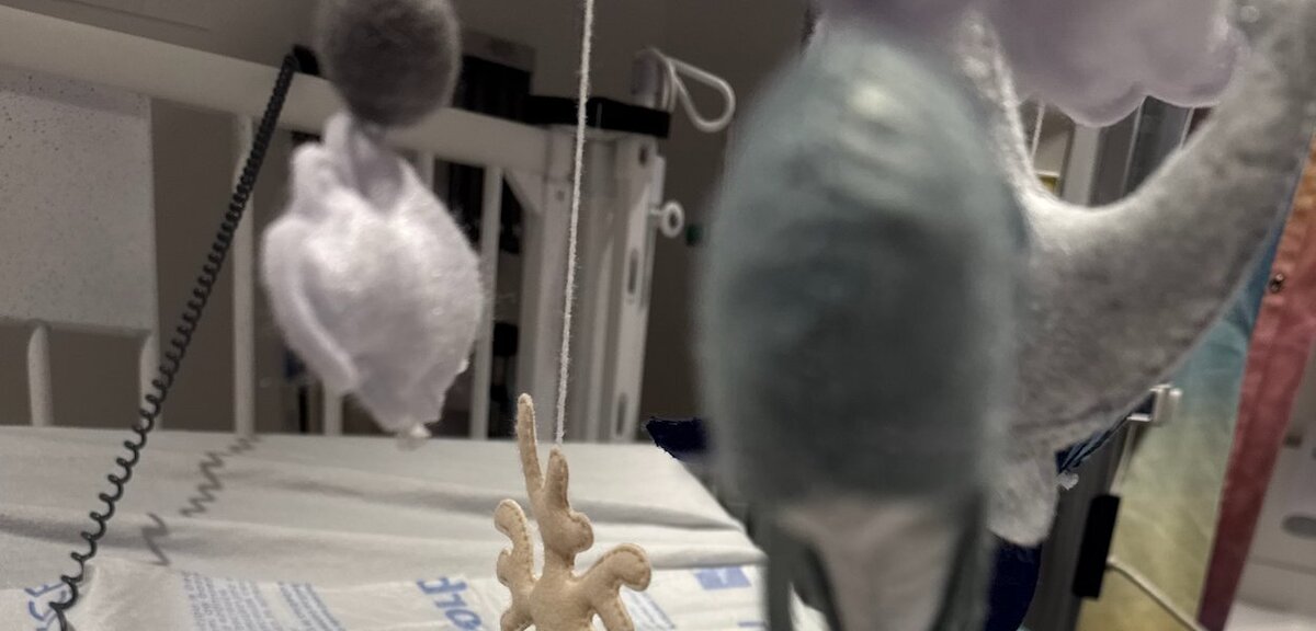 A soft hospital mobile with felt toys hanging above a child's bed